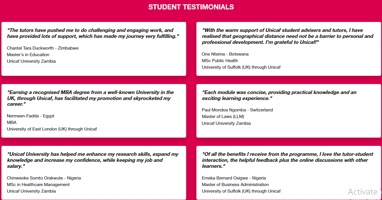 Unicaf Student testimonials